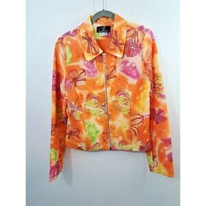 LoriZoni Jacket Women's Orange Medium Vintage Full Zip Floral Shoulder Pads